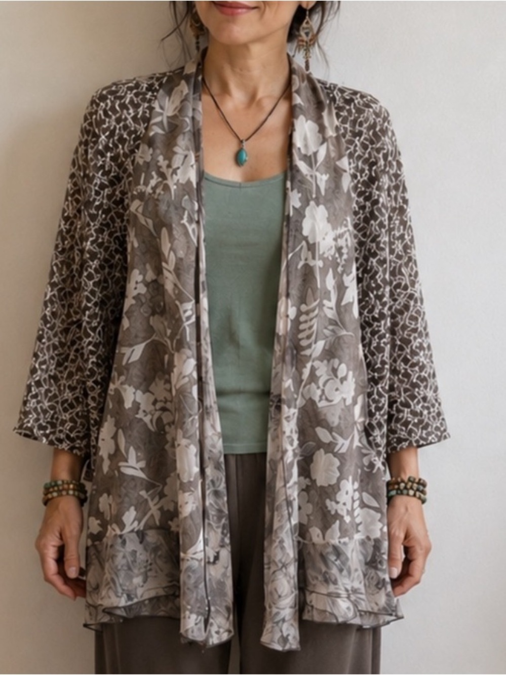 Ali Miles Petite Medium Mixed Print Floral Textured Open Front Jacket NWT